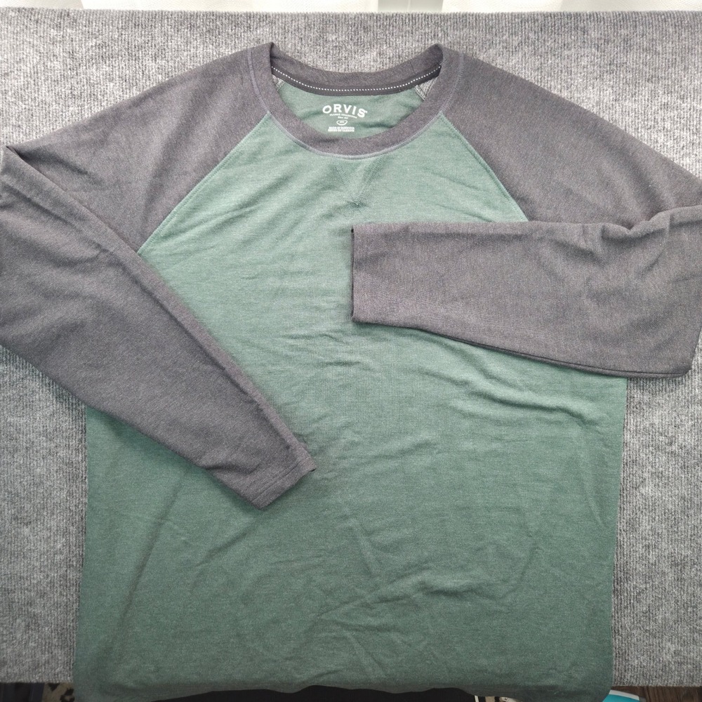 Orvis Mens XL Green Grey Raglan Long Sleeve Tee Shirt Gorpcore Technical